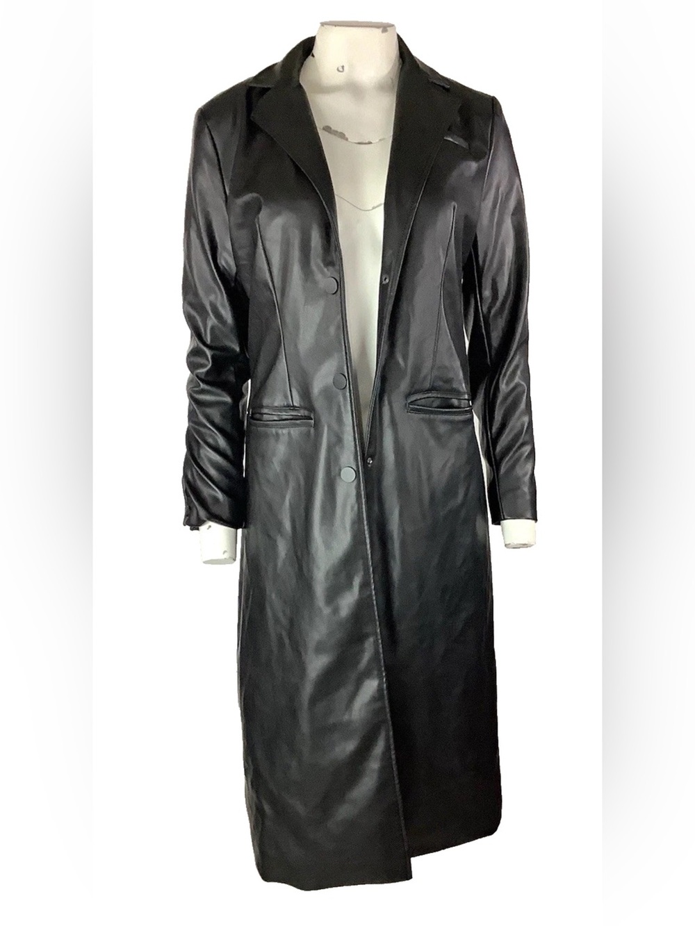 Bailey 44 Sz S Faux Leather Snap Button Black Modern Trench Coat With Pockets